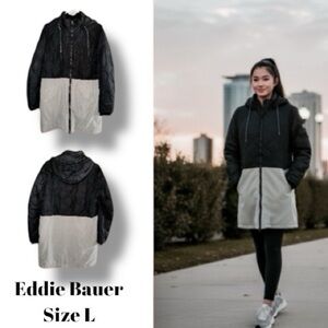 Eddie Bauer Lanely Hybrid Black Gray Down Parka Women’s Size Large EUC Gorpcore